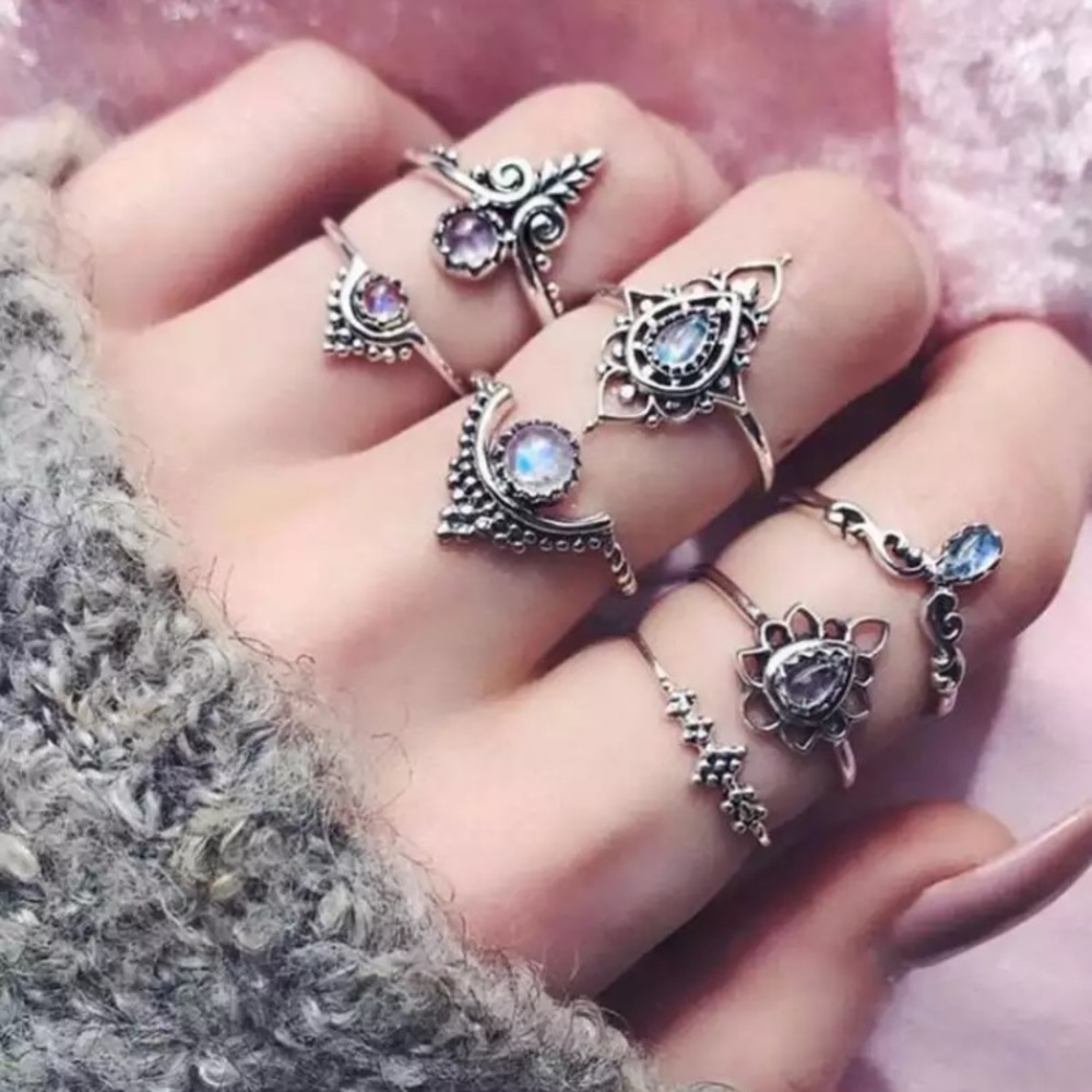 🌼 Boho Crystal Ring Set - Silver